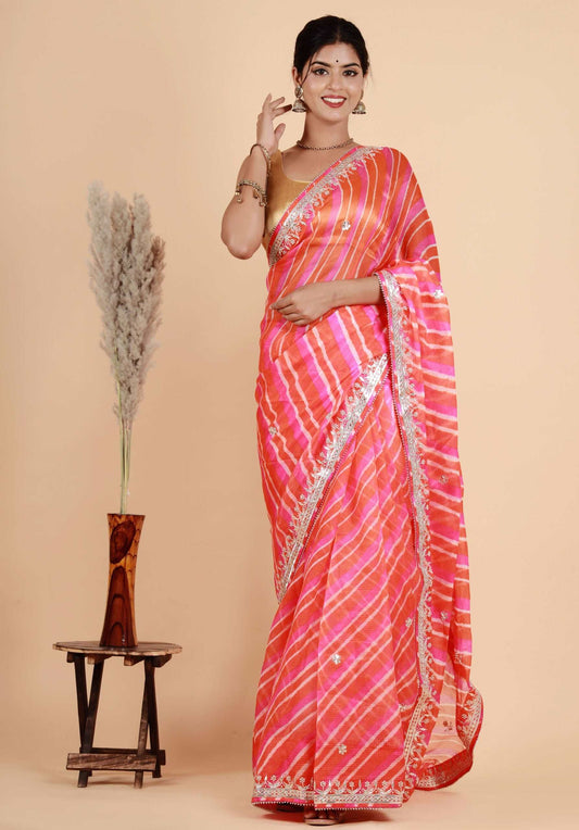 Pure Kota Doriya Orange pink leheriya saree with Gota patti and Moti work