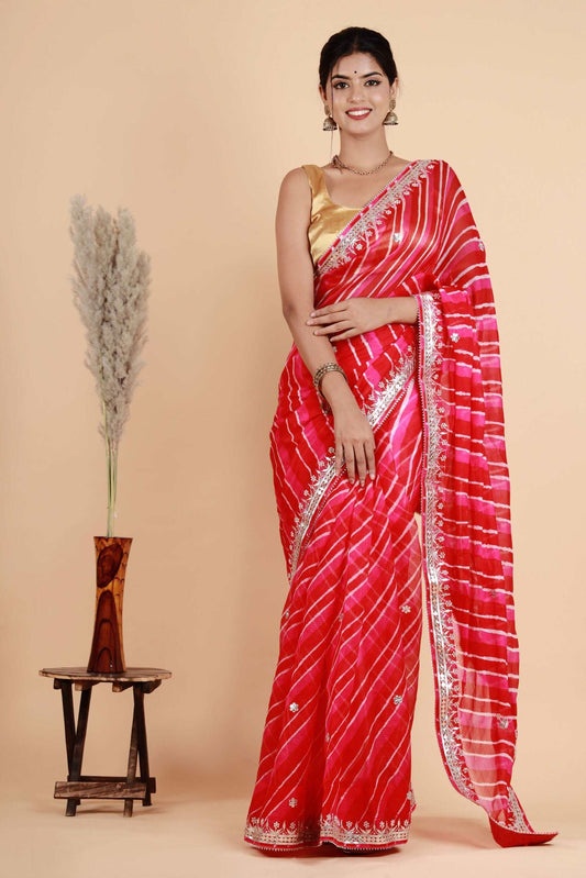 Pure Kota Doriya Rani pink leheriya saree with Gota patti & Moti work