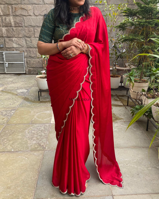 Red Italian Silk Saree with Swaroski Work