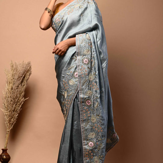 Pure Upada Silk Grey Color Saree with Katdana, Thread and Pearl Motif