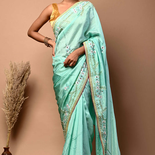 Pure Upada Silk Ice Blue Color Saree with Sequence Katdana and Pearl Work