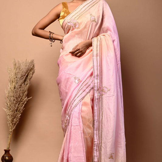 Pure Upada Silk Light Pink Shaded Color Saree with Katdana and Gota and Thread Work