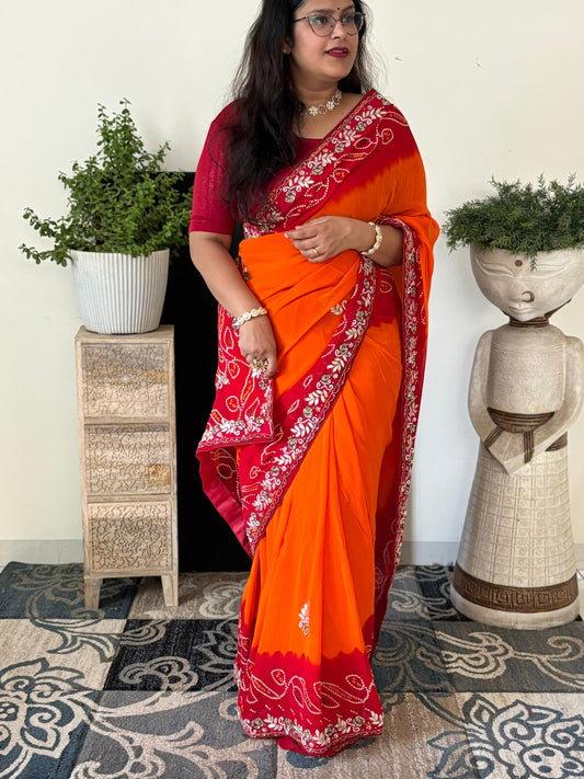 Semi Georgette Fabric Peela Saree With MIxed Handwork