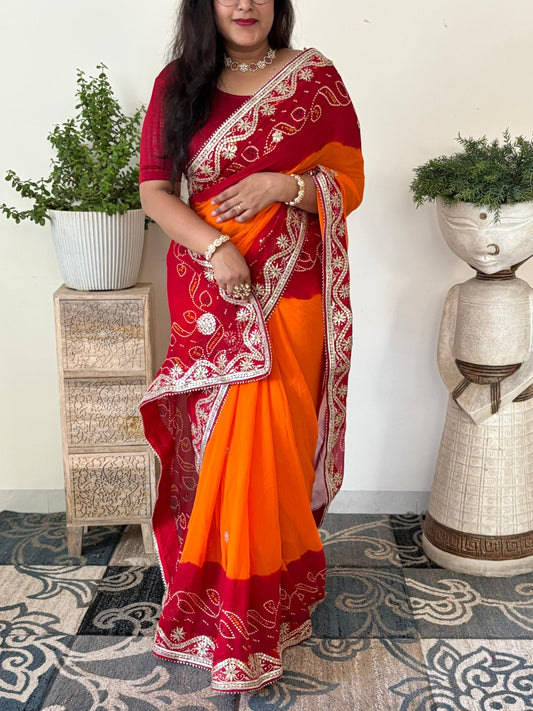 Semi Georgette Fabric Peela Saree With Gota Patti Handwork