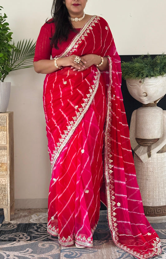Pure Chiffon Fabric Red Pink Shaded Leheriya Saree With Gota Patti Handwork