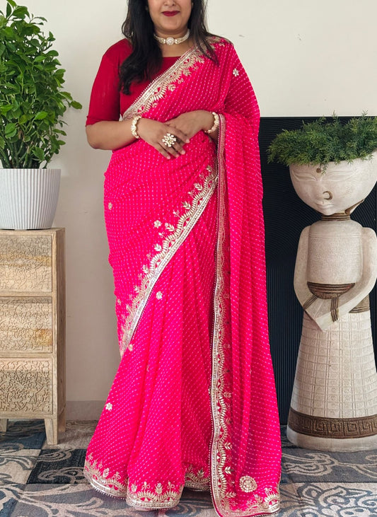 Semi Georgette Fabric Pink Mothda Saree With Gotta Patti Handwork