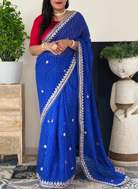 Semi Georgette Fabric Blue Mothda saree With Gota Patti Handwork