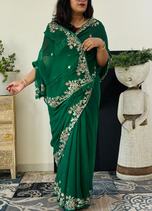 Pure Chiffon Fabric Rajputi Saree With Mixed HandWork