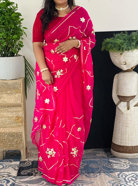 Pure Chiffon Fabric Rani Pink Charkhi Gota And Sachcha Gota Jaal Work Saree
