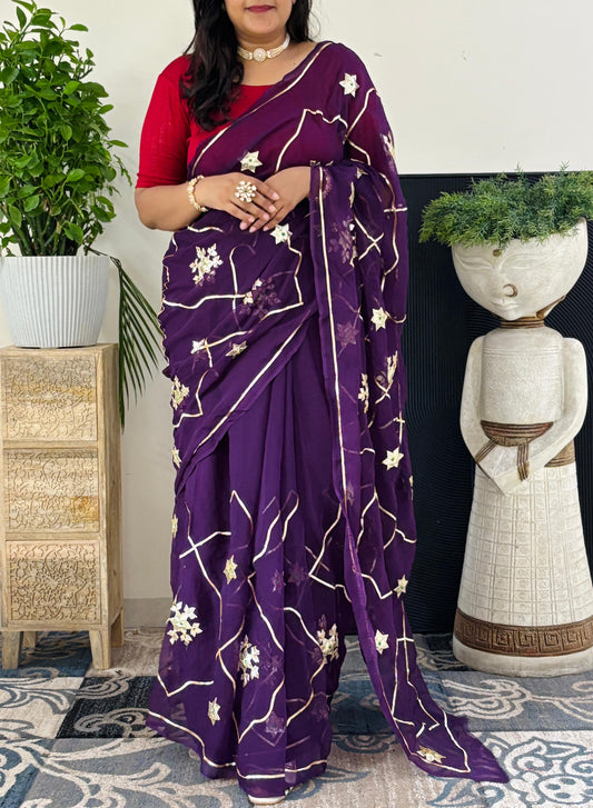 Pure Chiffon Fabric Purple Shade Saree With Charkhi And Sachcha Gota Jaal Work