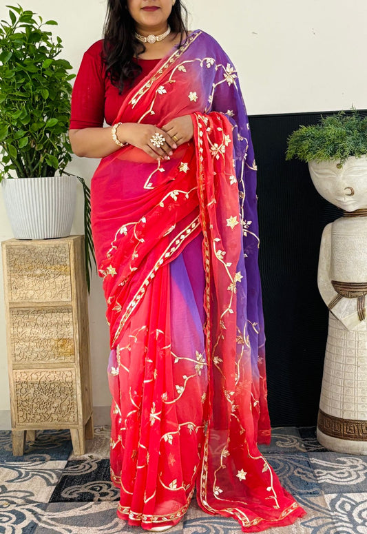 Pure Chiffon Fabric Saree With Charkhi And Sachcha Gota patti Handwork