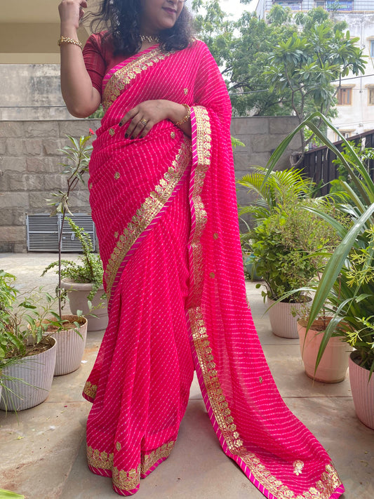 Semi georgette Pink Color Mothda Saree with Gota patti Handwork