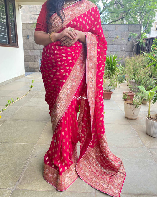 Georgette Pink Color Saree with Zari and Handwork