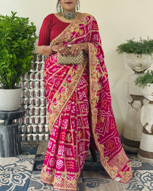 Pink Gajji Silk Bandhani Gharchola saree with Gota Patti and Thread embroidery