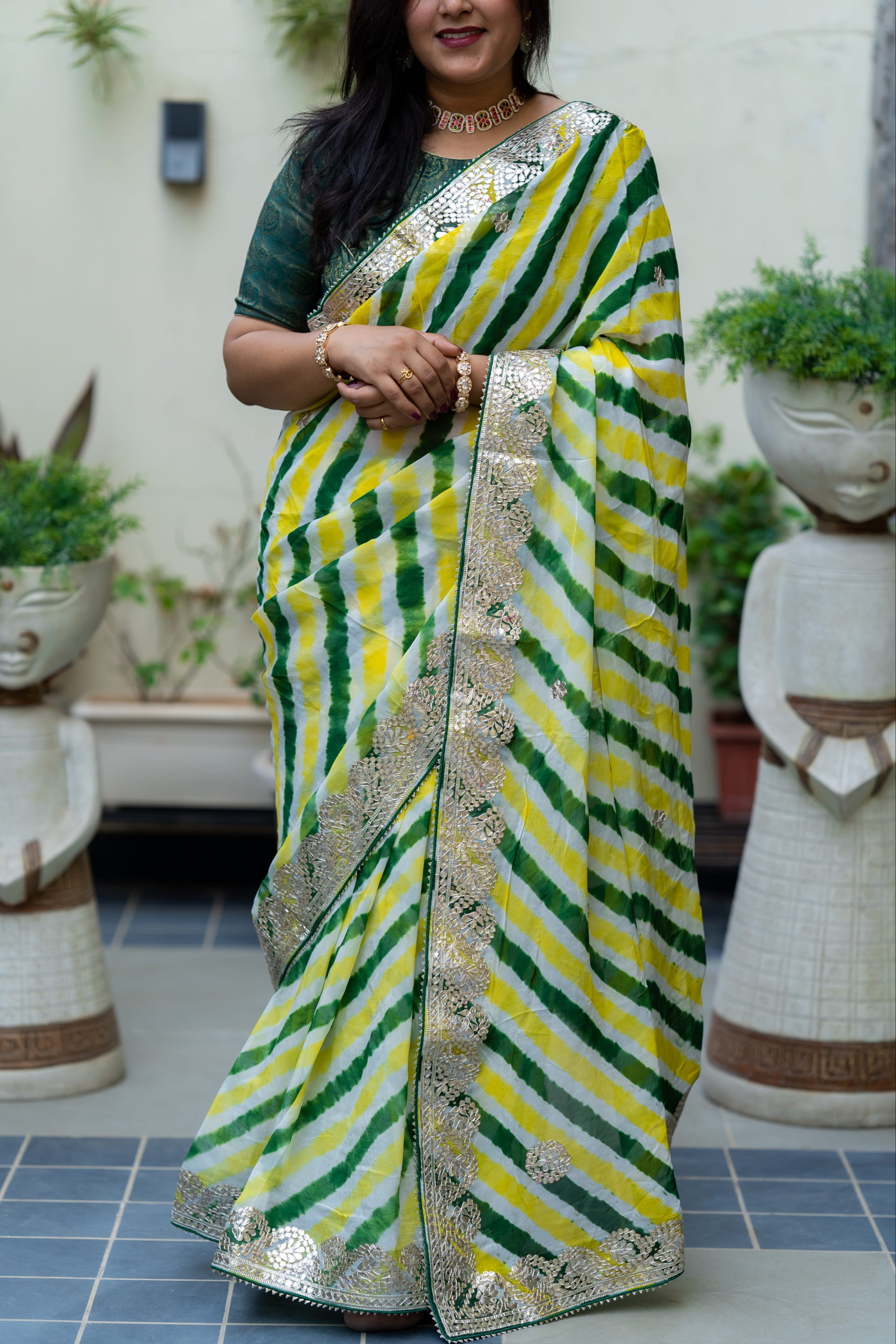 Pure Organza Fabric Yellow Green Leheriya Saree With Gotta Patti Handwork