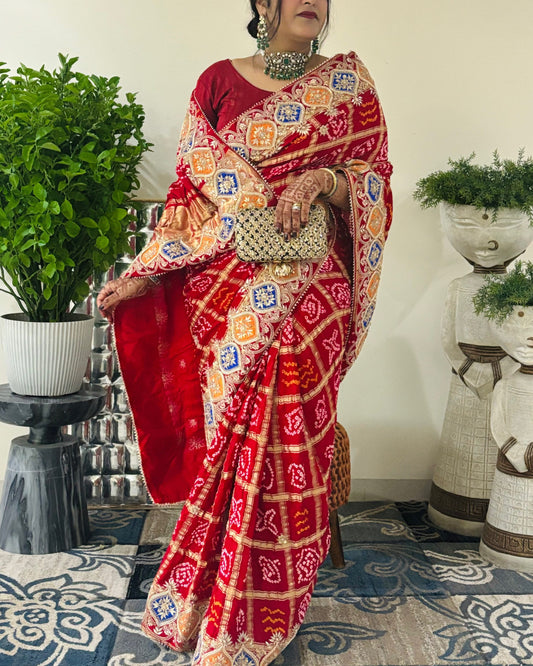 Pure Gajji Silk Red Color Saree with Mixed Handwork