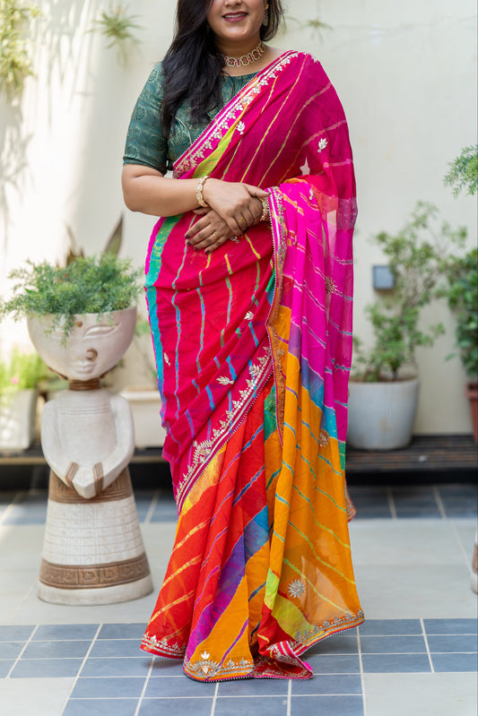 Georgette Fabric Multi color Leheriya Saree With Gota Patti Handwork