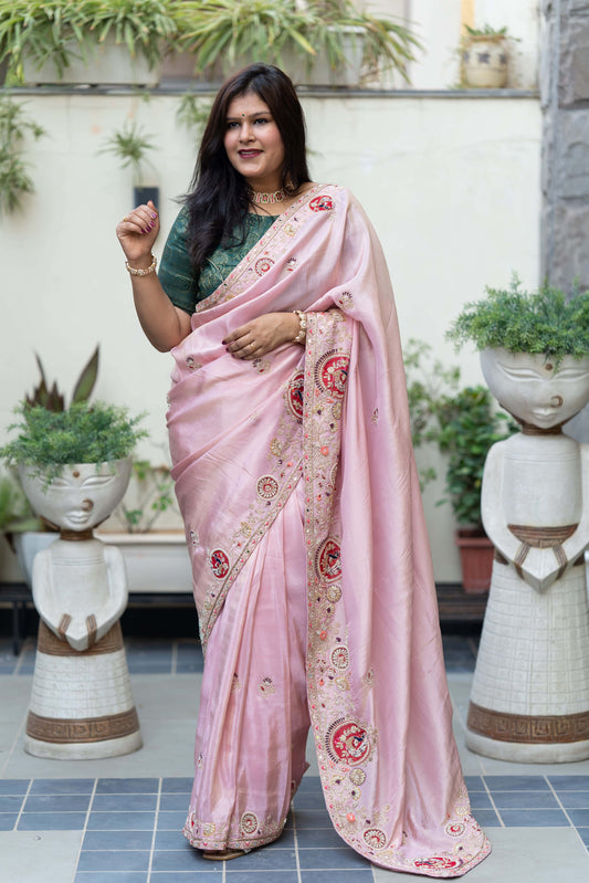 Tissue Silk Pink Saree With Peacock Zardozi Motifs