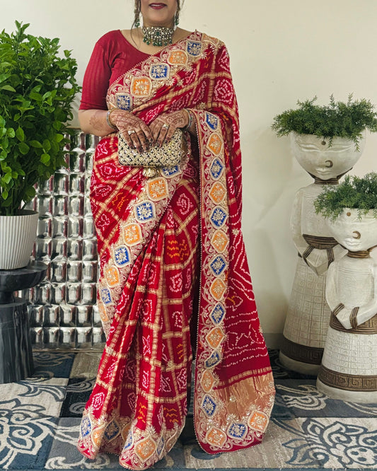 Pure Gajji Silk Red Color Saree with Mixed Handwork