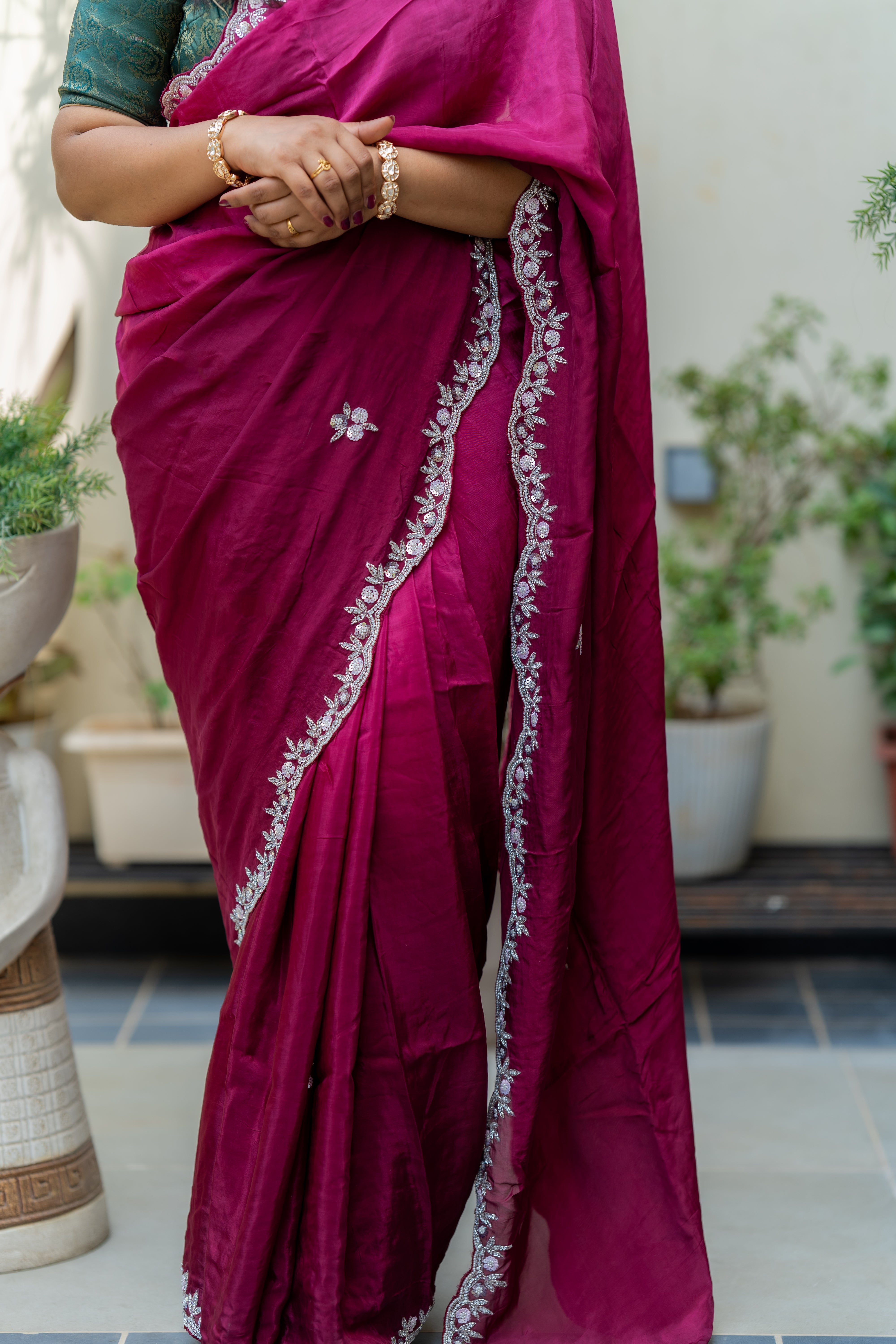 Chinon Silk Fabric Saree In Shaded Wine Colour With Pearl Mixed Work