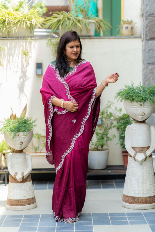 Chinon Silk Fabric Saree In Shaded Wine Colour With Pearl Mixed Work