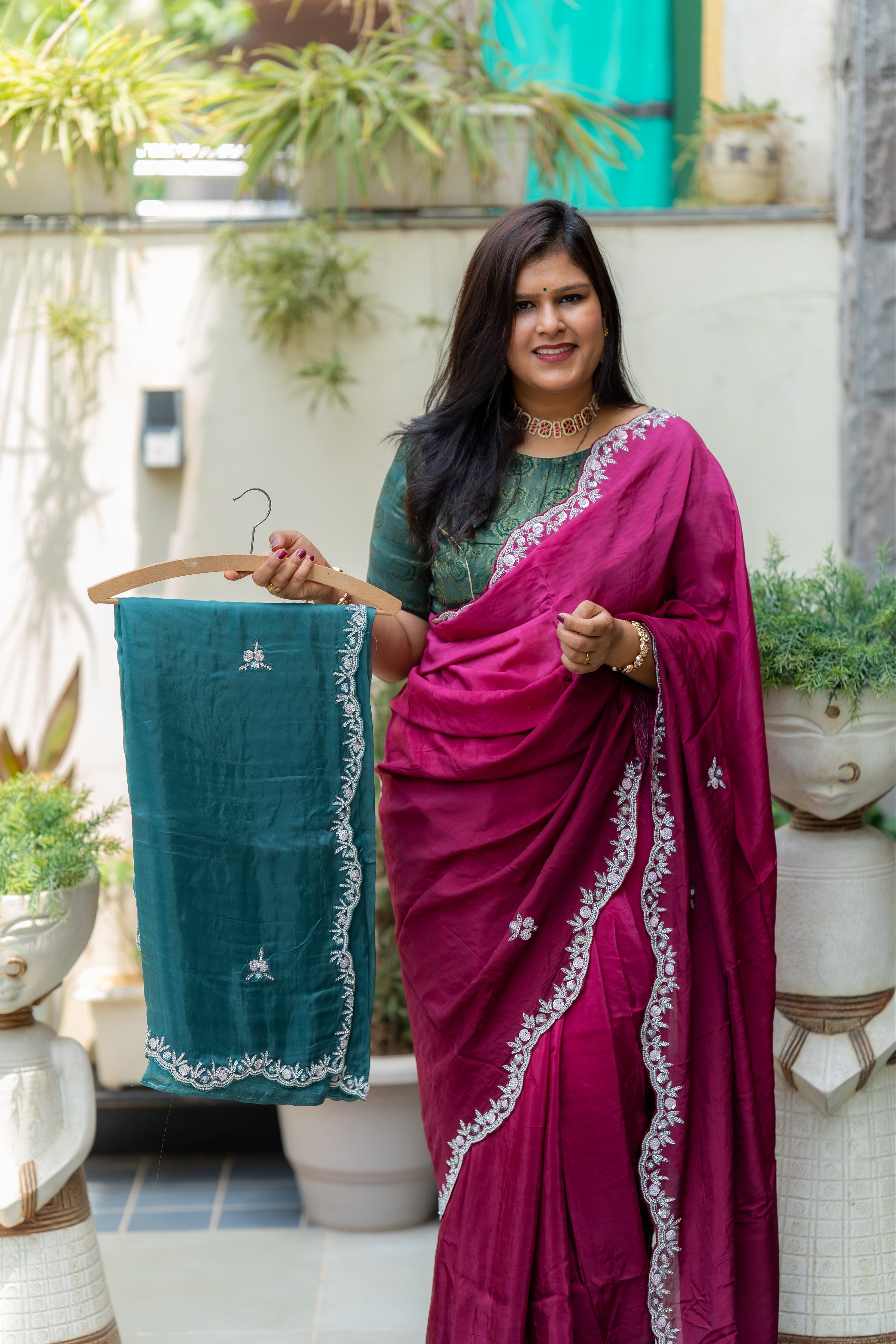 Chinon Silk Fabric Saree In Shaded Wine Colour With Pearl Mixed Work