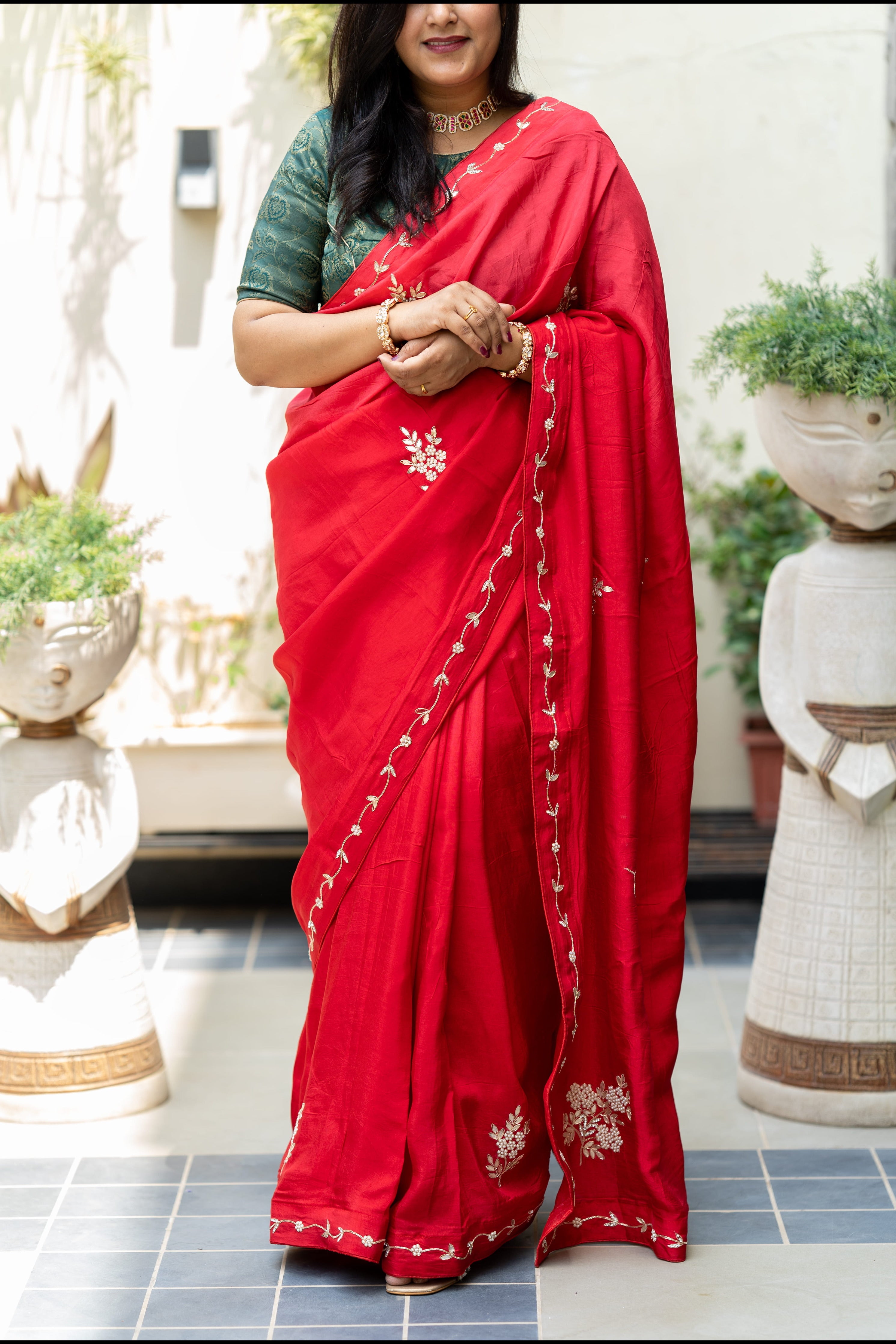 Chionnon Silk Fabric Saree In Shaded  Red  Pearl And Gotta Patti Handwork