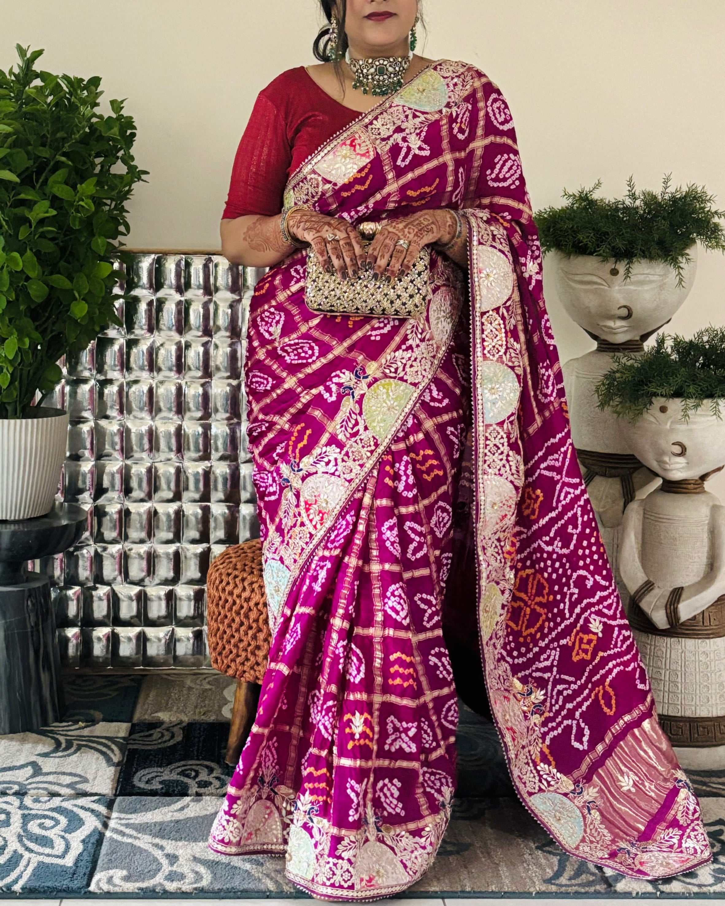 Purple Gajji Silk Bandhani Gharchola saree with Gota Patti and Thread embroidery