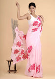 Chinnon Silk Fabric Pink Color Hand-Painted Saree