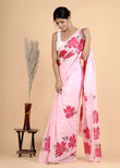 Chinnon Silk Fabric Pink Color Hand-Painted Saree