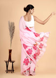 Chinnon Silk Fabric Pink Color Hand-Painted Saree