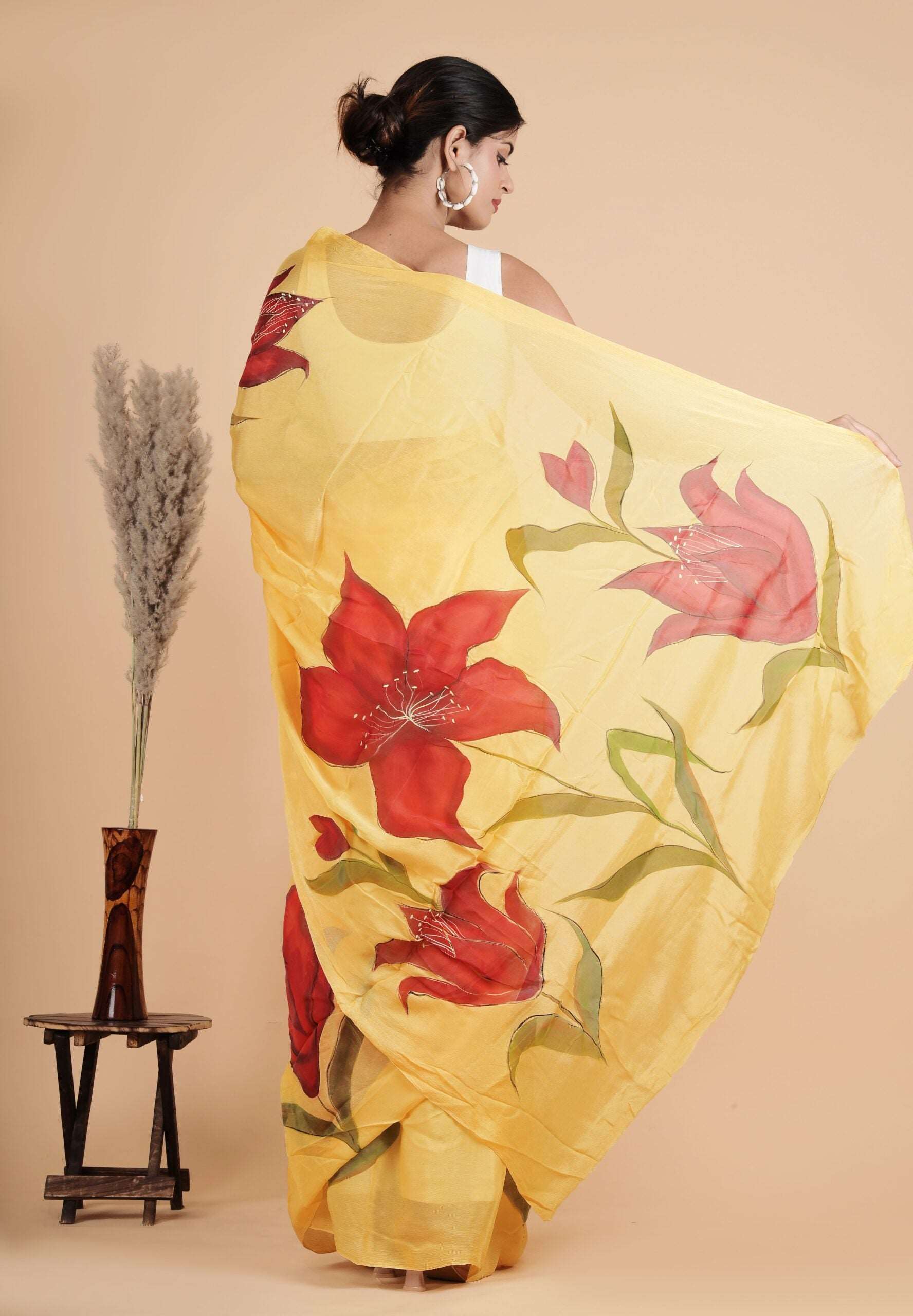 Chinnon Silk Fabric Yellow Color Hand-Painted Saree