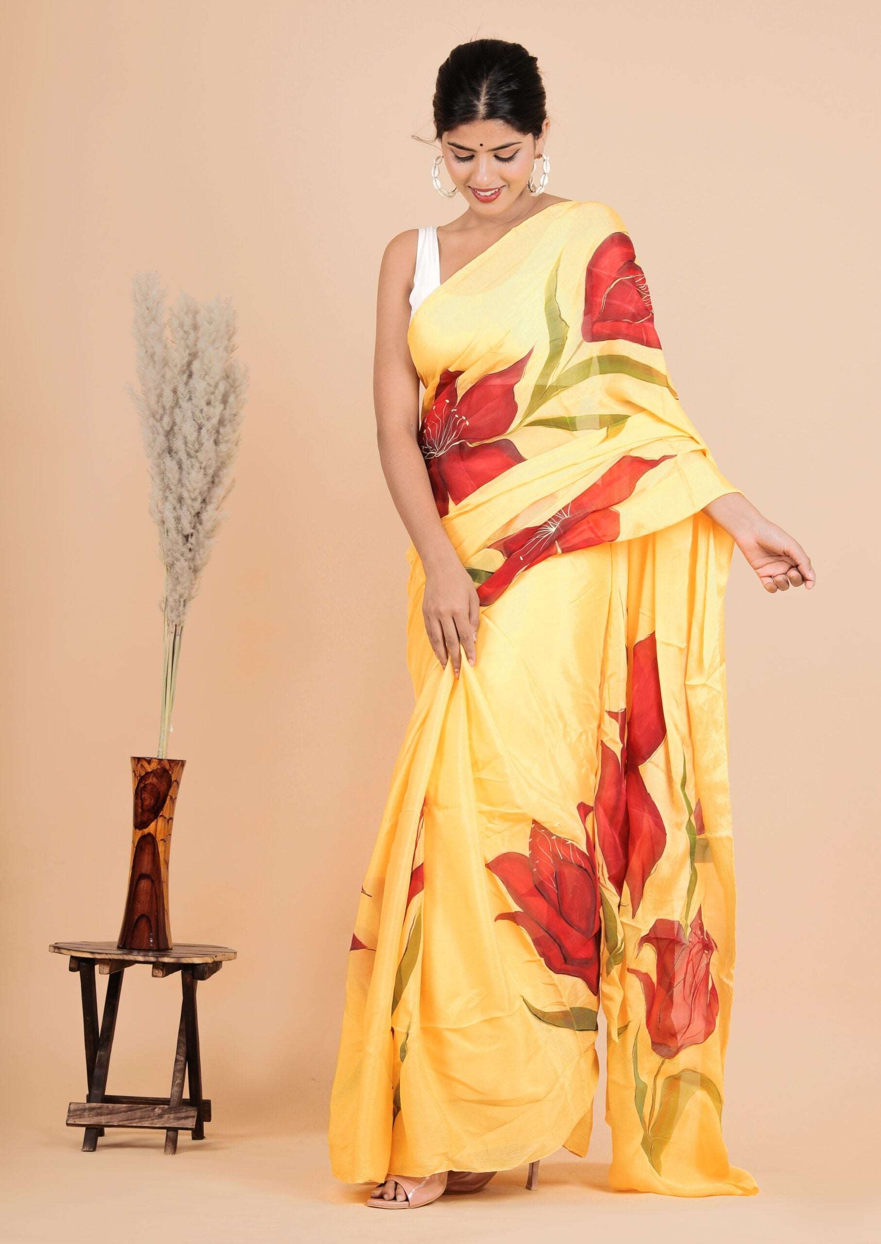 Chinnon Silk Fabric Yellow Color Hand-Painted Saree