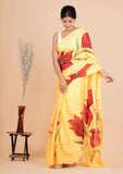 Chinnon Silk Fabric Yellow Color Hand-Painted Saree