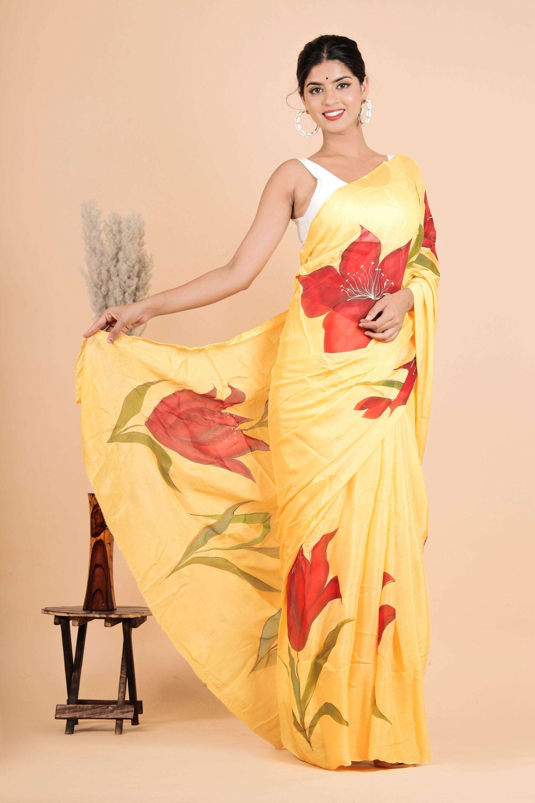 Chinnon Silk Fabric Yellow Color Hand-Painted Saree