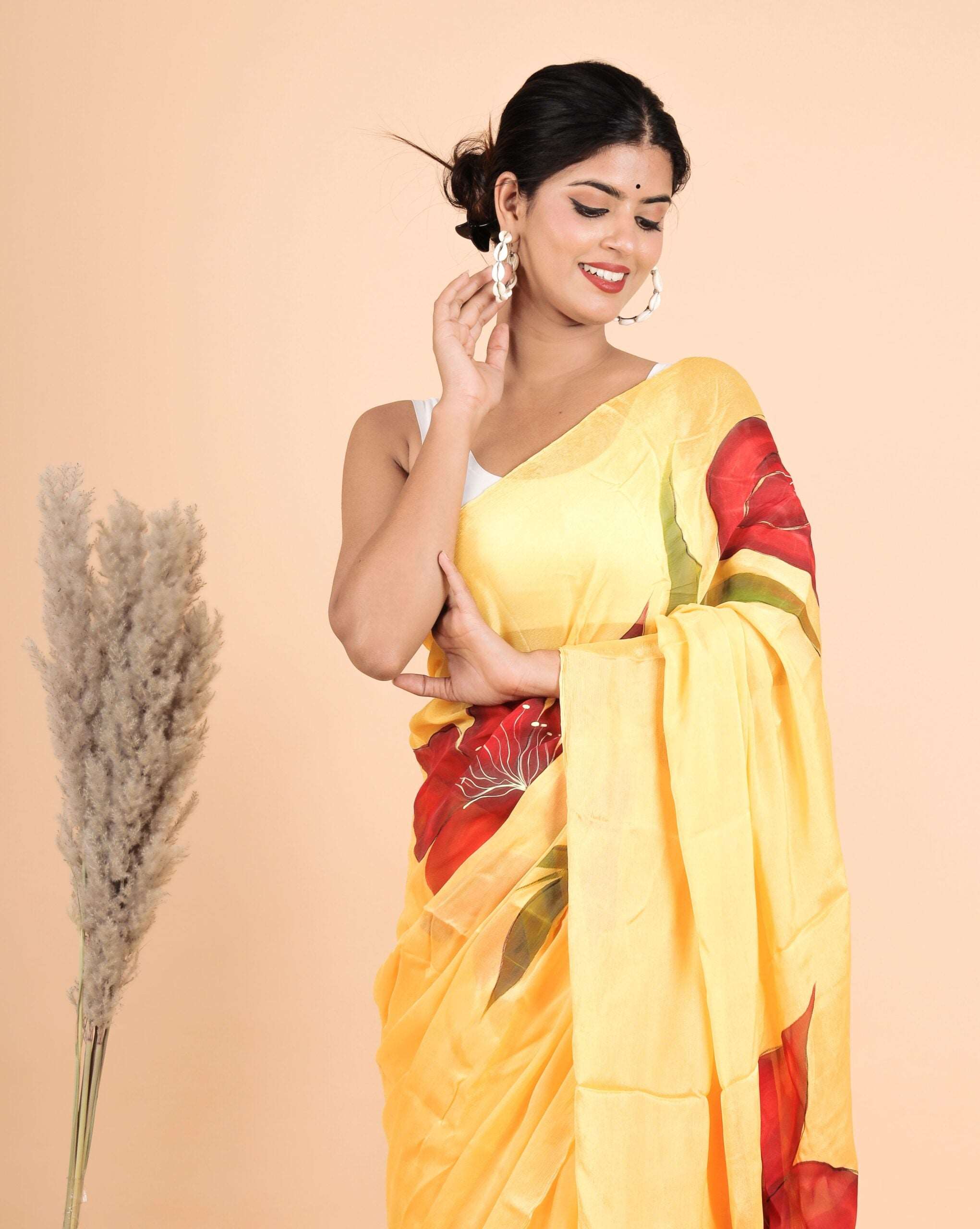 Chinnon Silk Fabric Yellow Color Hand-Painted Saree