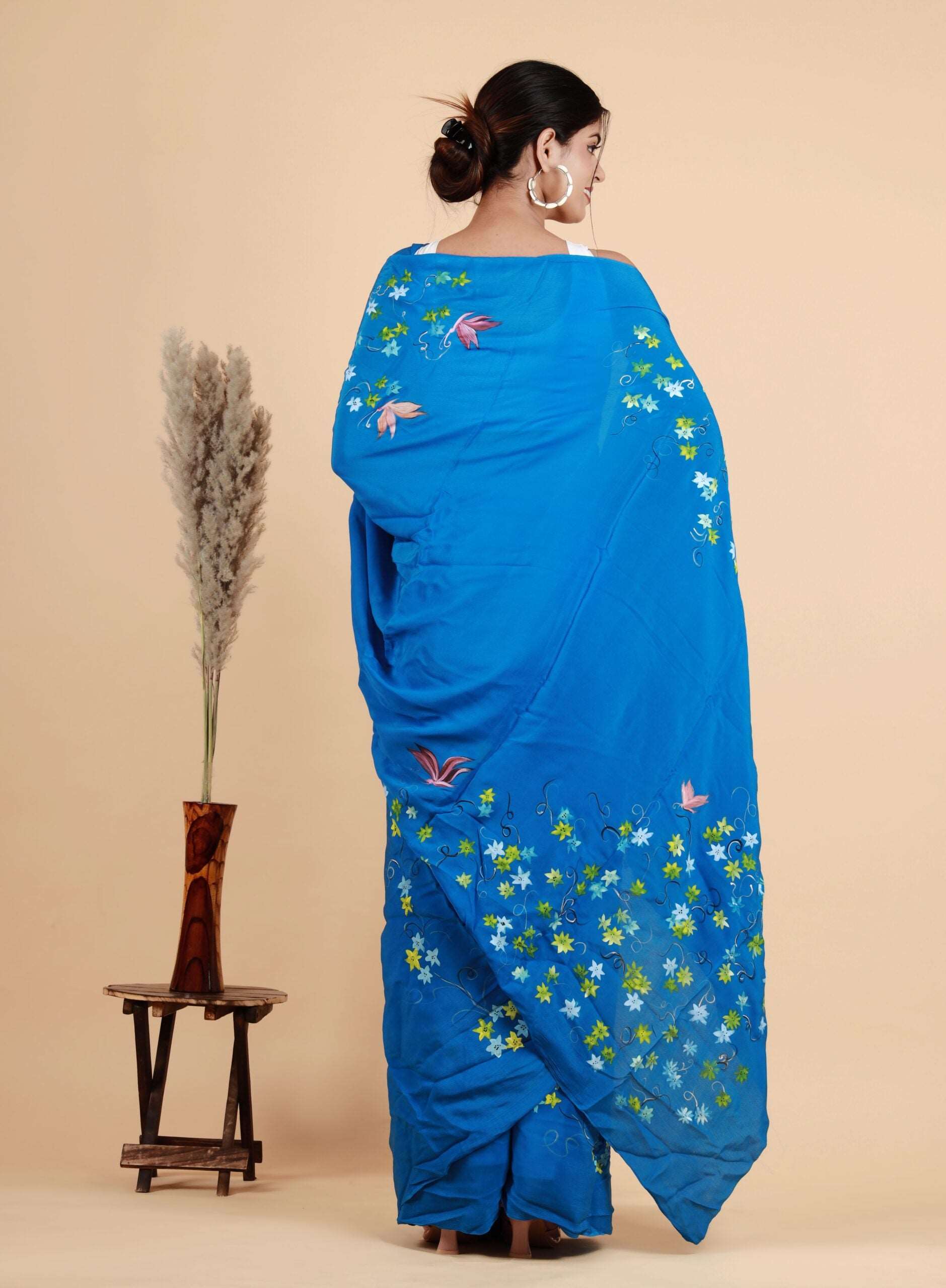 Italian Satin silk Blue Hand-Painted Saree