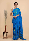 Italian Satin silk Blue Hand-Painted Saree