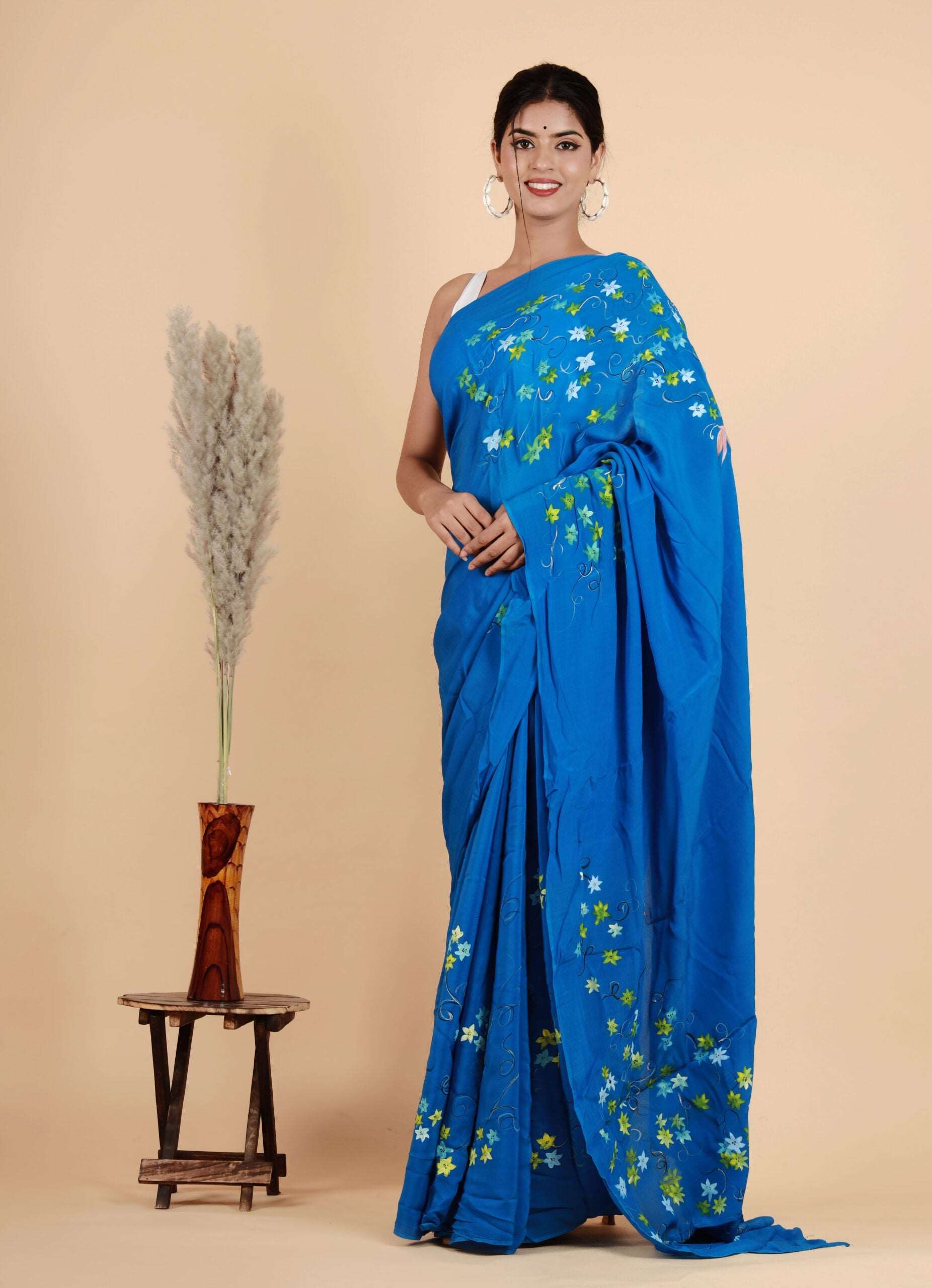 Italian Satin silk Blue Hand-Painted Saree