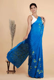 Italian Satin silk Blue Hand-Painted Saree