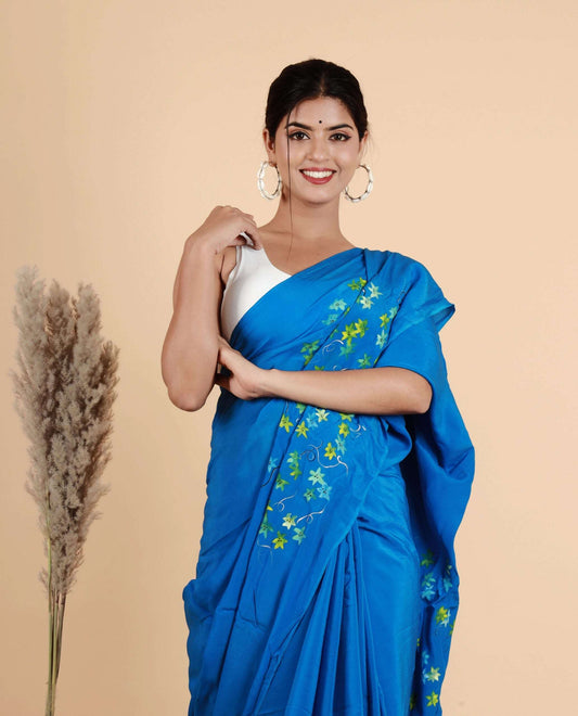 Italian Satin silk Blue Hand-Painted Saree