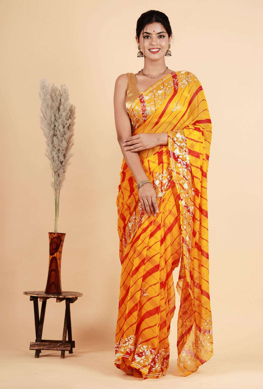 Pure Chiffon Yellow color saree with Pittan work