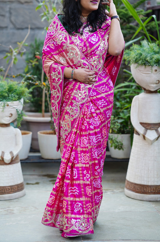 Pure Gajji Silk Bandhani Gharchola Saree with Gota patti Handwork