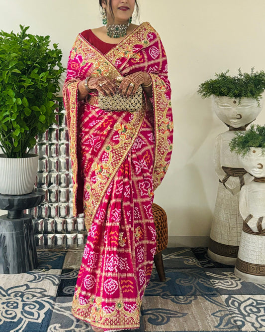 Pink Gajji Silk Bandhani Gharchola saree with Gota Patti and Thread embroidery