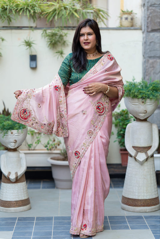 Tissue Silk Pink Saree With Peacock Zardozi Motifs