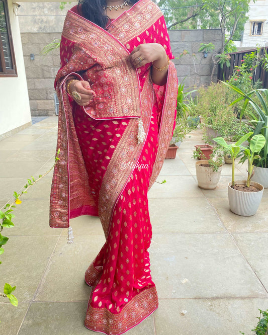 Georgette Pink Color Saree with Zari and Handwork