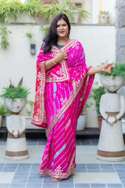 Georgette Fabric Pink Leheriya Saree With Gota Patti Handwork