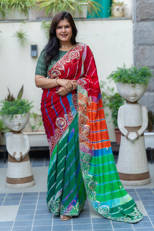 Pure Geogette Fabric Green Orange Leheriya Saree With Gotapatti Handwork