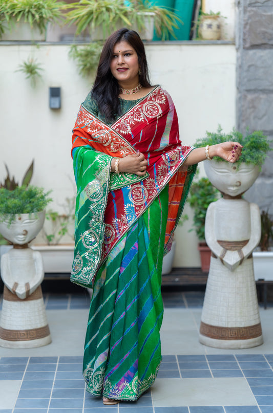 Pure Geogette Fabric Green Orange Leheriya Saree With Gotapatti Handwork