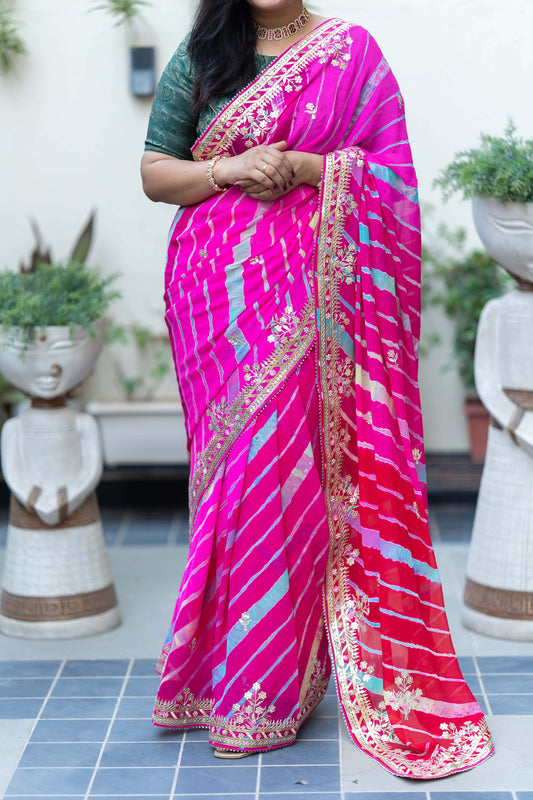 Georgette Fabric Pink Leheriya Saree With Gota Patti Handwork